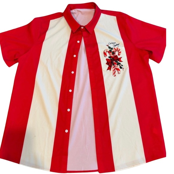 Other - Bowling style Christmas themed Red and White button down shirt